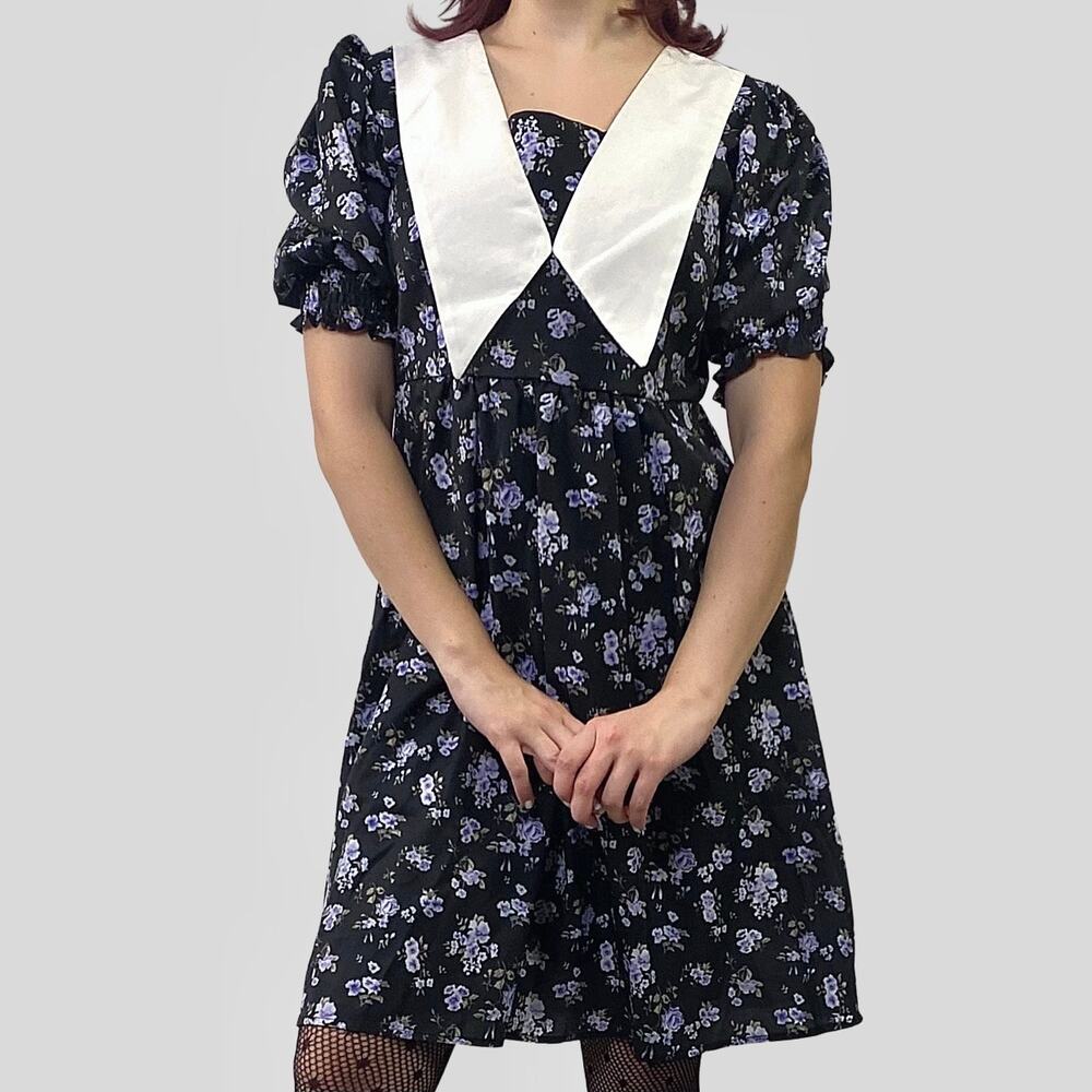 Ditsy Floral Peter Pan Bib Collar Puff Sleeve Coquette Babydoll Dress Sz Medium